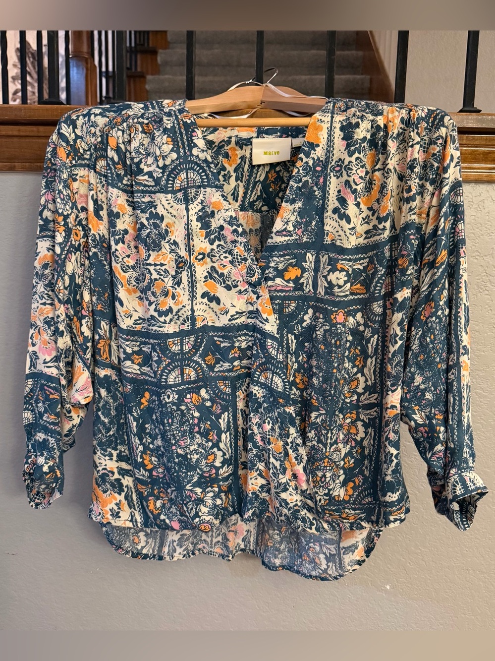 Maeve Patchwork Floral V-Neck Blouse in Teal, Cream & Peach
